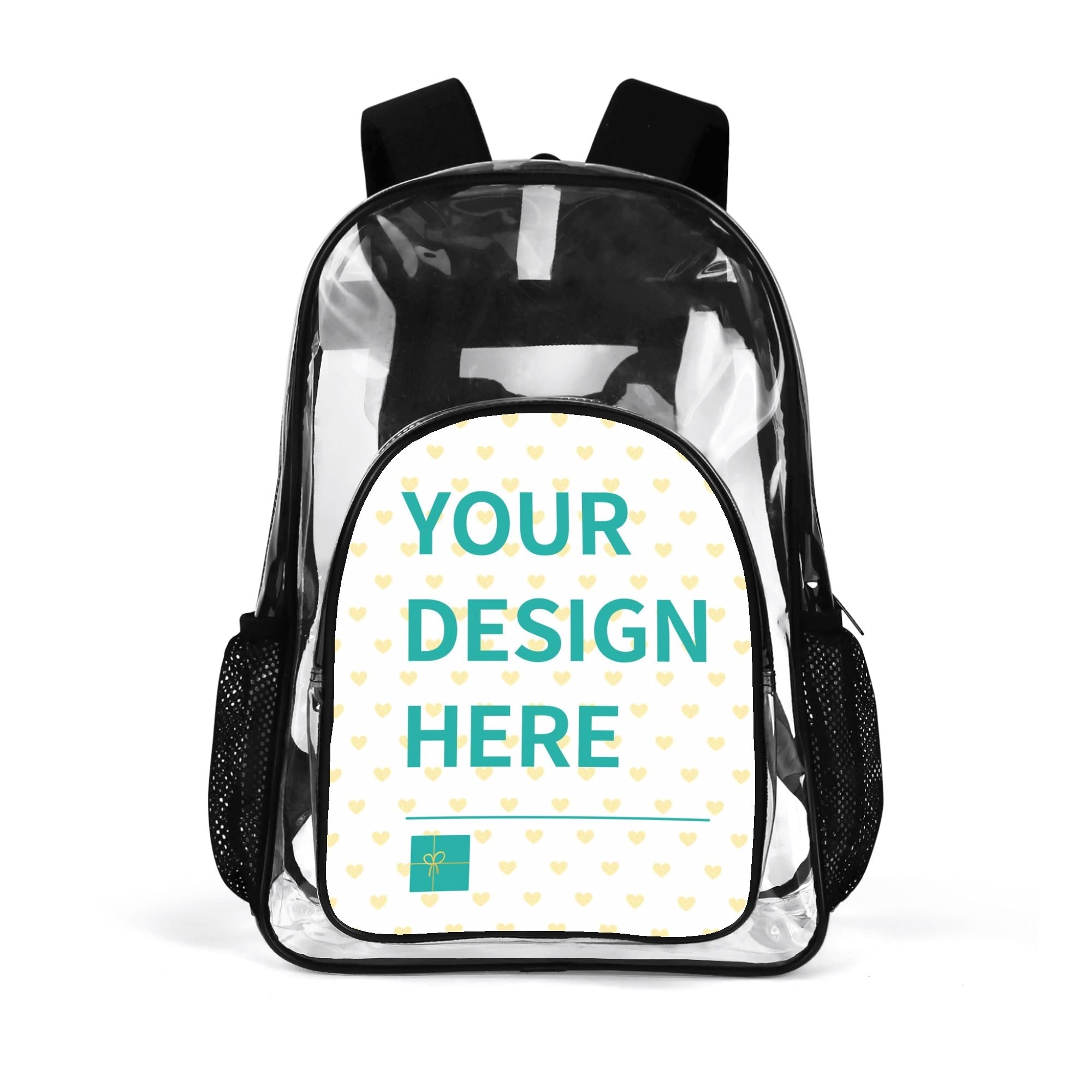 Customizable clear backpack with "YOUR DESIGN HERE" text, made of PVC for school, work, travel.