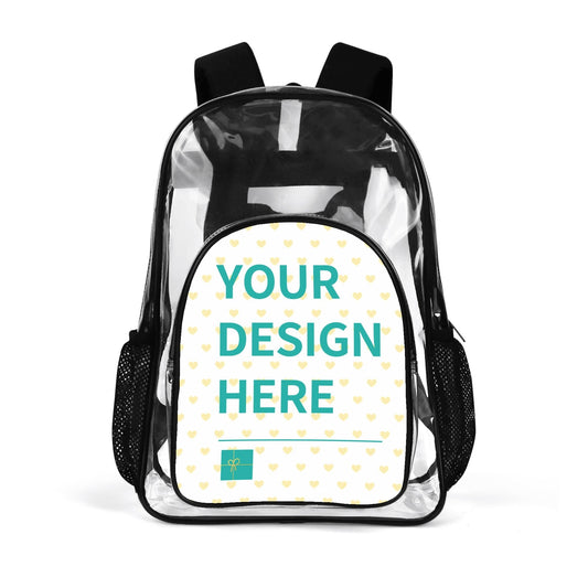 Customizable clear backpack with "YOUR DESIGN HERE" text, made of PVC for school, work, travel.