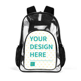 Customizable clear backpack with "YOUR DESIGN HERE" text, made of PVC for school, work, travel.