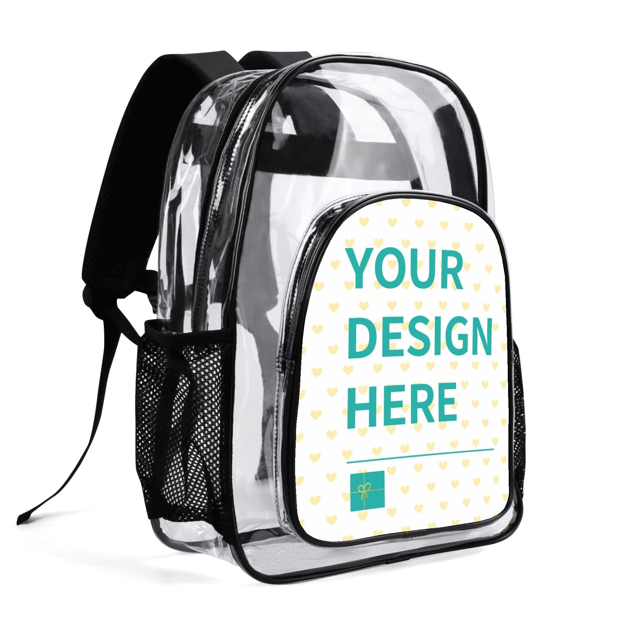 Customizable clear backpack with "YOUR DESIGN HERE" design. Transparent PVC material for school, work, and travel.