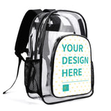 Customizable clear backpack with "YOUR DESIGN HERE" design. Transparent PVC material for school, work, and travel.