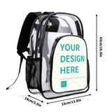 Customizable clear backpack with "YOUR DESIGN HERE" design. PVC material, perfect for school, work, travel.