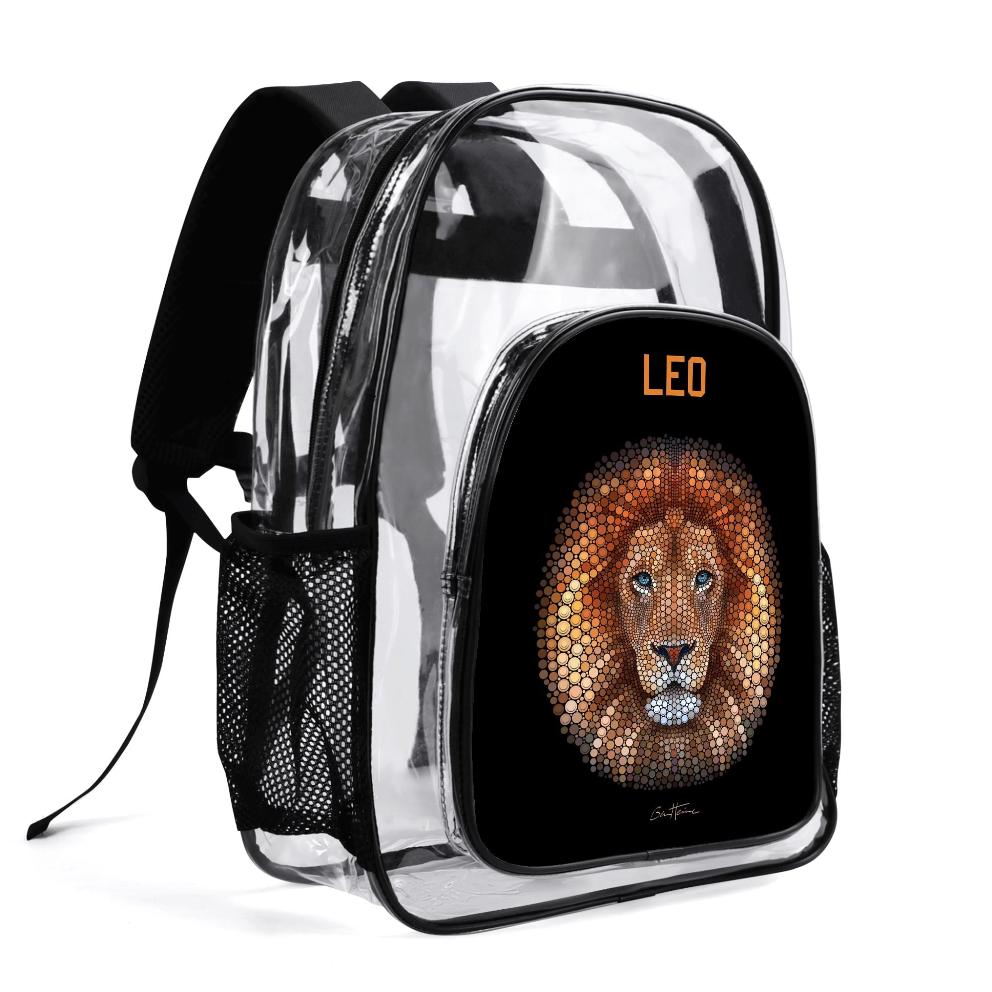 Transparent backpack with lion design. Clear PVC school bag with LEO text and adjustable straps.