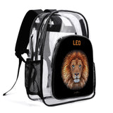 Transparent backpack with lion design. Clear PVC school bag with LEO text and adjustable straps.