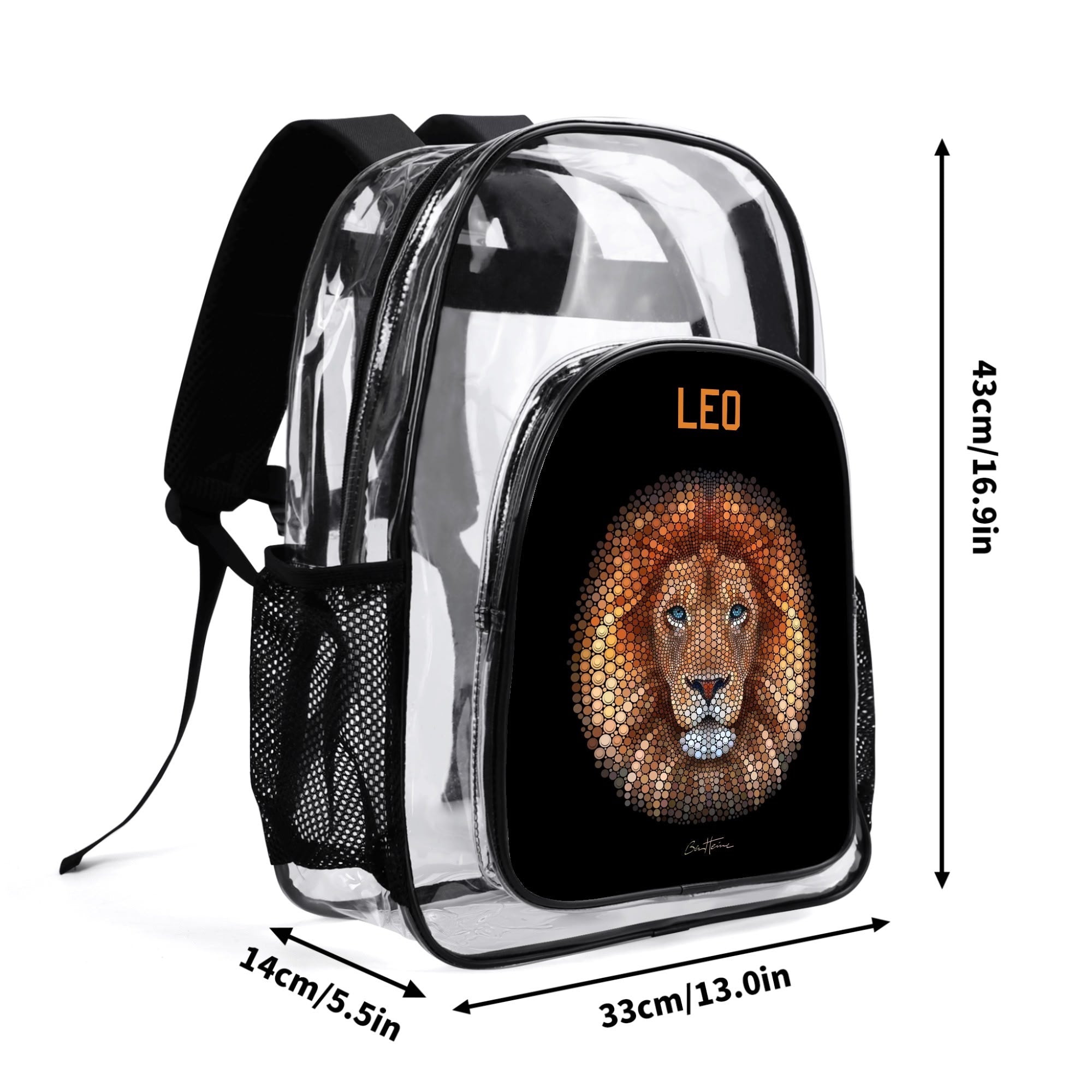 Transparent Lion Backpack with LEO design, clear PVC school bag, adjustable straps