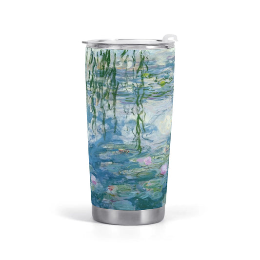 Stainless steel car cup featuring Monet's Water Lilies, a piece of art for travel and home
