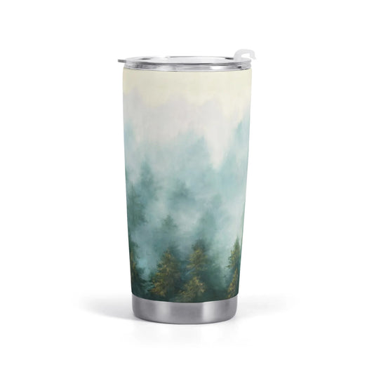 Stainless steel car cup with forest art, perfect travel mug for outdoor use.