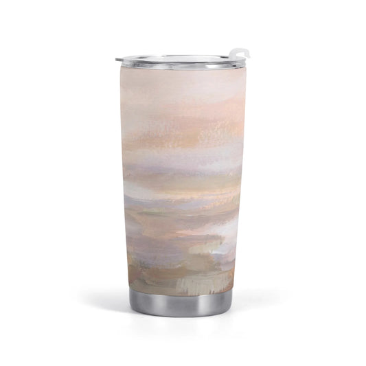Stainless steel car cup with artistic abstract landscape design, customizable travel mug.