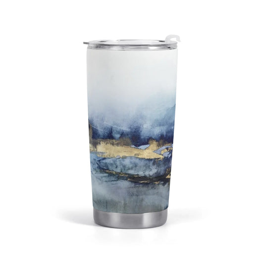 Stainless steel car cup with a blue and gold abstract art design. Perfect for travel and personalized gifts.