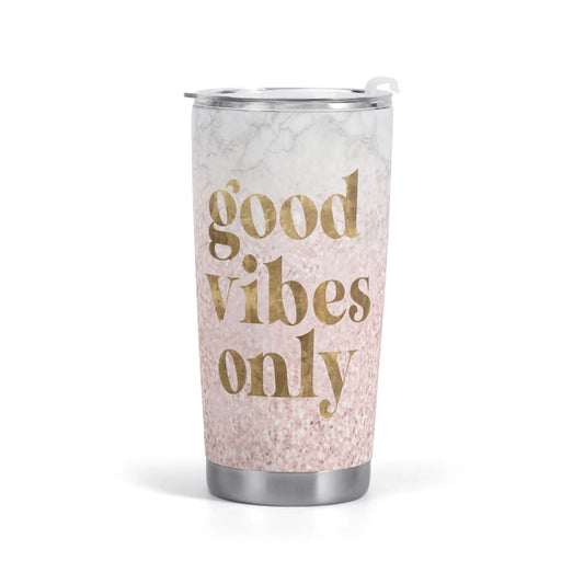 All Over Printing Car Cup with 'good vibes only' text, stainless steel travel mug