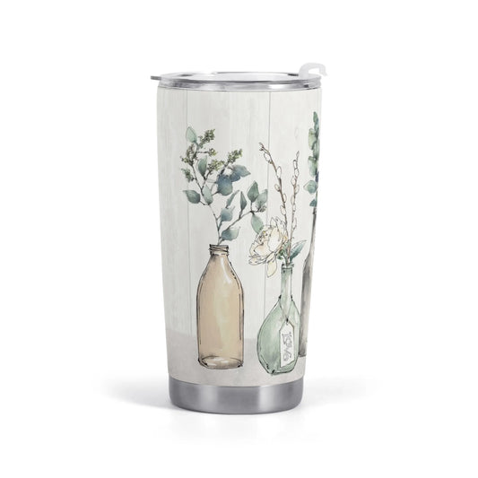 Stainless steel car cup with artistic botanical design, perfect for travel or office use, featuring the word love.