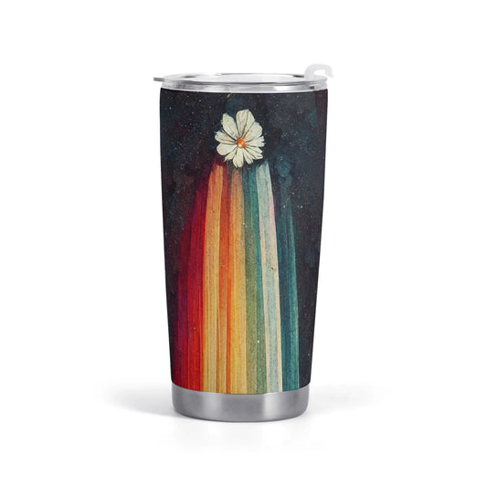 Stainless steel car cup with a colorful rainbow flower art design. Ideal for MyArtsyGift's customizable products.