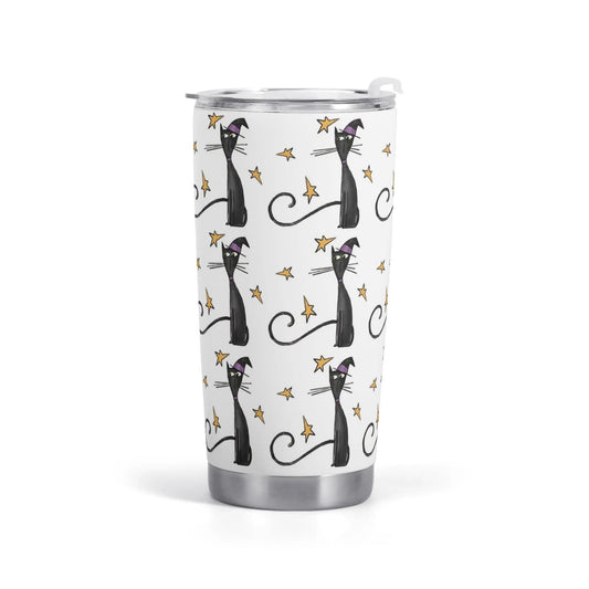 Stainless steel car cup with a black cat in witch hat pattern, perfect for Halloween, MyArtsyGift.