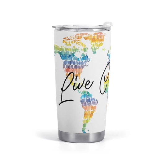 Stainless steel car cup with rainbow world map and "Live Colorful" text.
