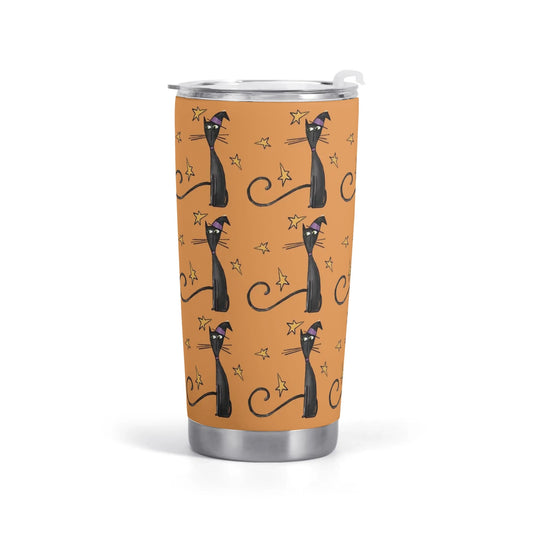 Halloween car cup with black cats wearing witch hats and stars on orange background