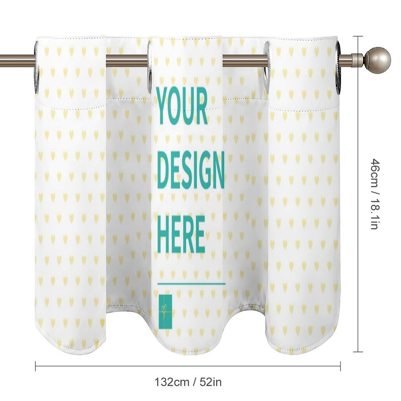 Custom window valance with personalized design, featuring 'YOUR DESIGN HERE' text for kitchen or bedroom decor