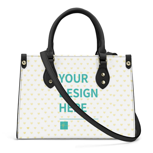 Personalized PU leather handbag with custom design, white with heart pattern and black handles, perfect gift