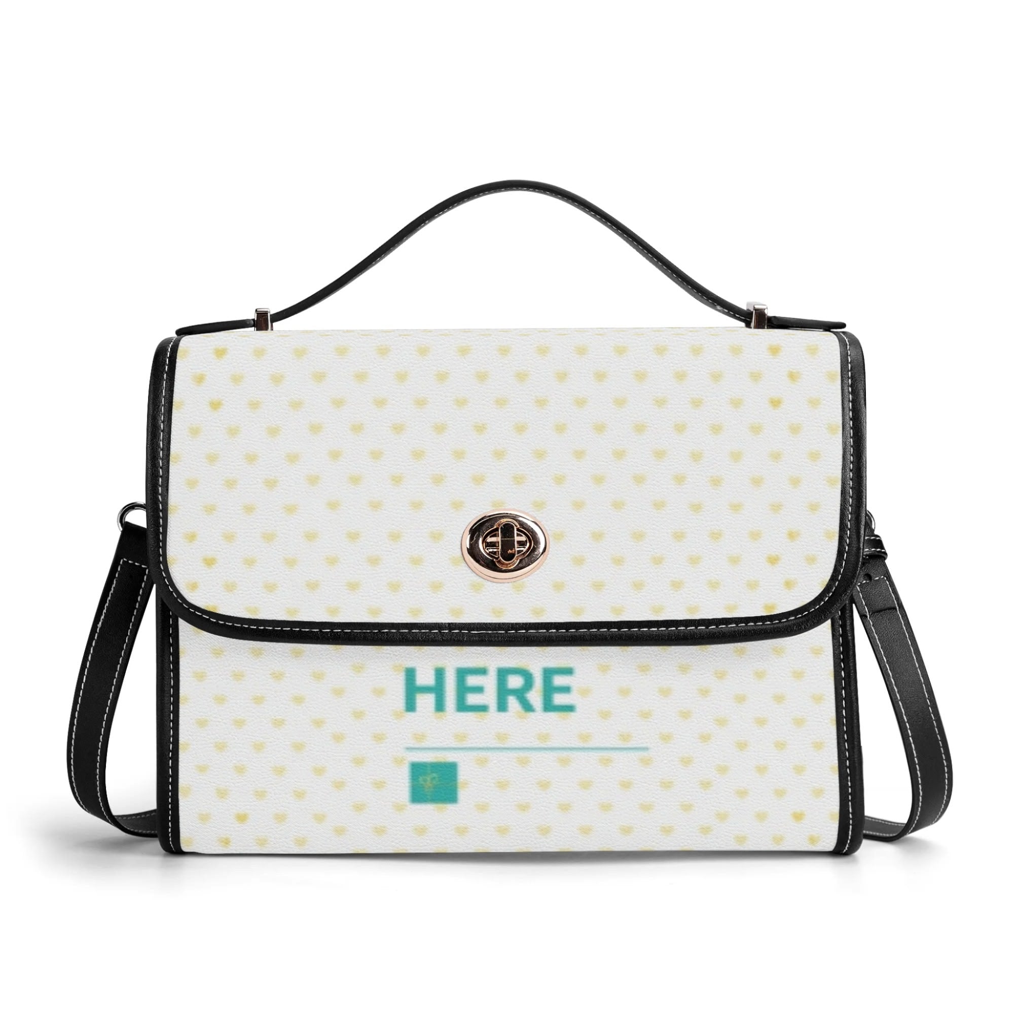 Women's PU leather satchel bag, personalized design with yellow hearts, black trim and strap, custom crossbody bag