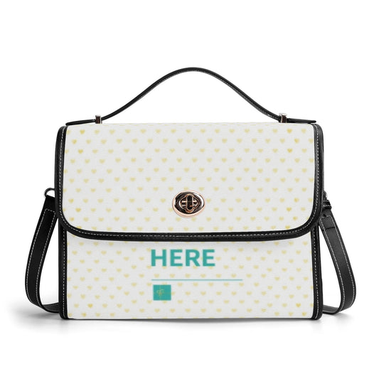 Women's PU leather satchel bag, personalized design with yellow hearts, black trim and strap, custom crossbody bag