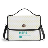 Women's PU leather satchel bag, personalized design with yellow hearts, black trim and strap, custom crossbody bag