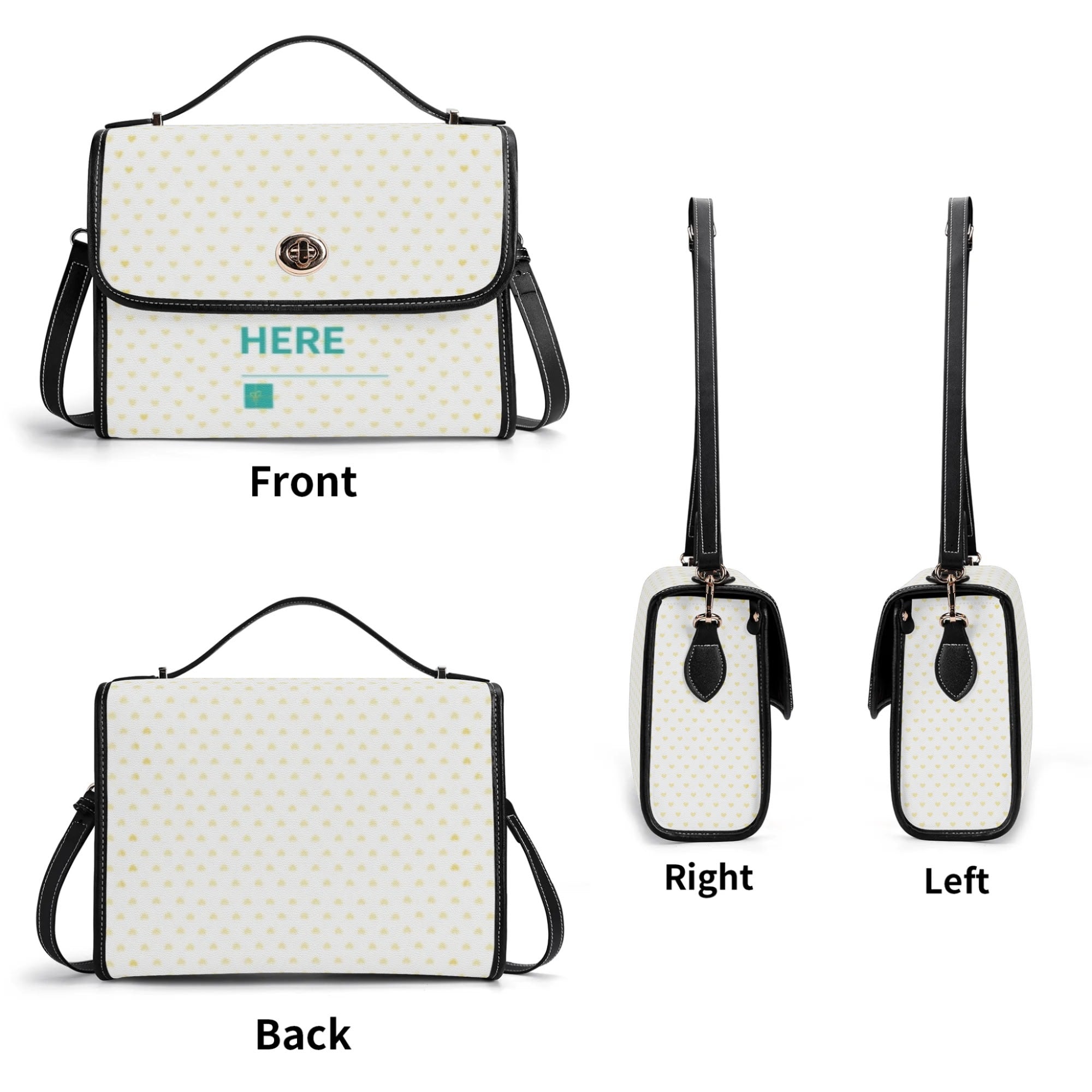Personalized PU leather satchel bag with yellow hearts, black trim, and 'HERE' design. Crossbody strap.