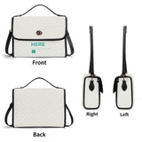 Personalized PU leather satchel bag with yellow hearts, black trim, and 'HERE' design. Crossbody strap.