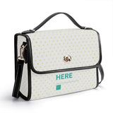 Women's PU leather satchel purse with yellow hearts, black trim, and adjustable crossbody strap. "HERE" custom bag.