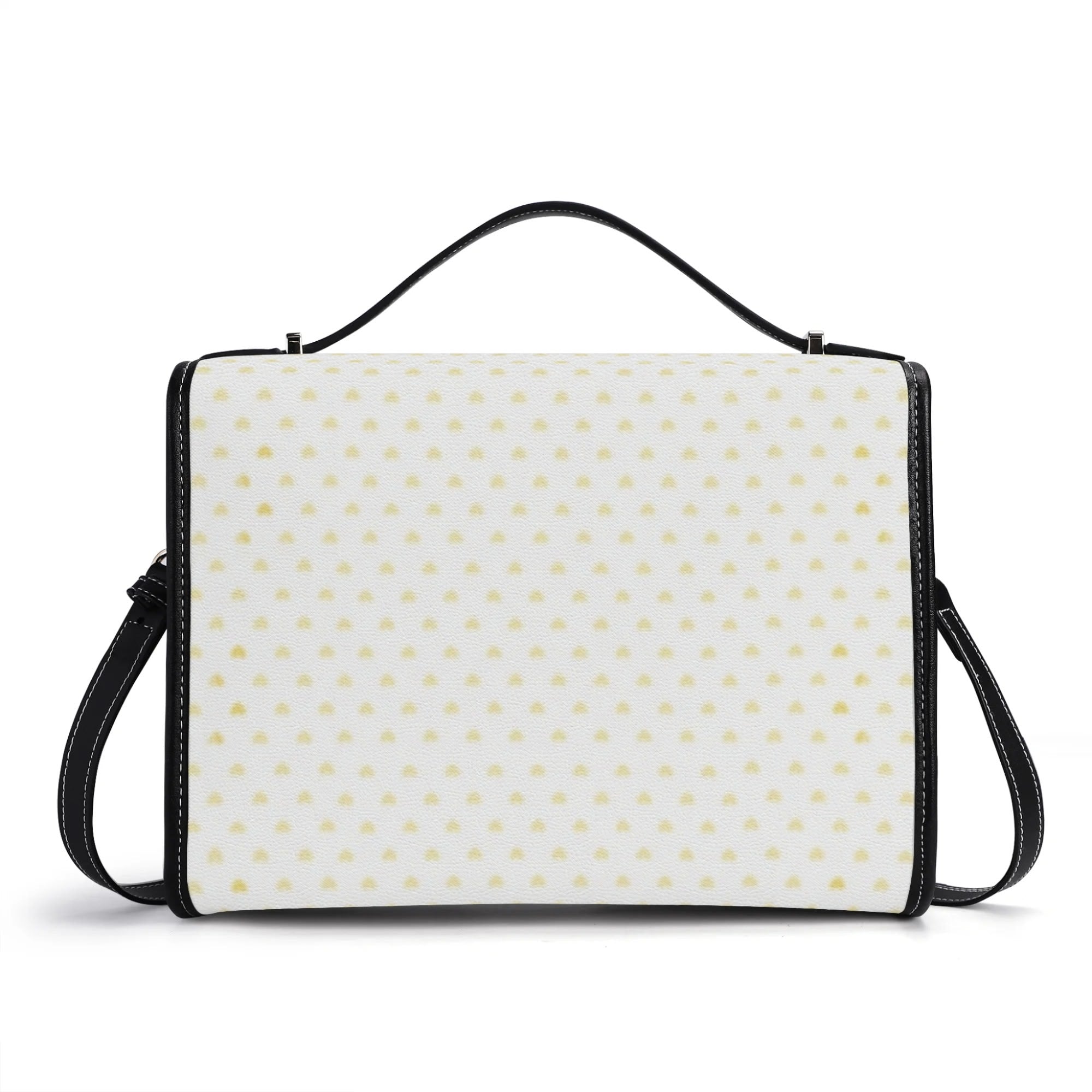 Personalized women's PU leather satchel purse with white and yellow design, black trim, and adjustable crossbody strap
