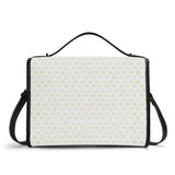 Personalized women's PU leather satchel purse with white and yellow design, black trim, and adjustable crossbody strap