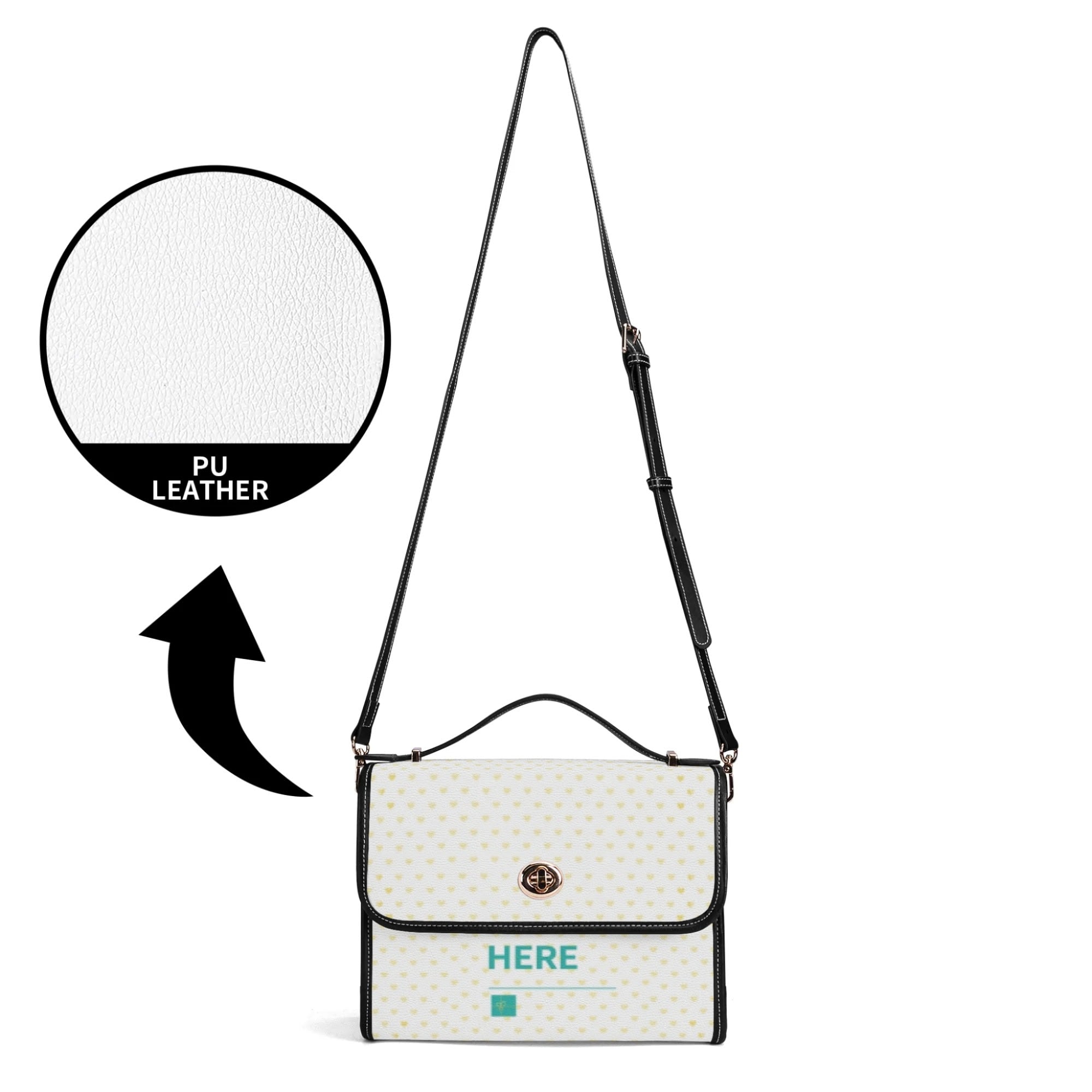 Personalized PU leather satchel bag, black trim, white body with yellow hearts, "HERE" custom design.