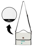 Personalized PU leather satchel bag, black trim, white body with yellow hearts, "HERE" custom design.