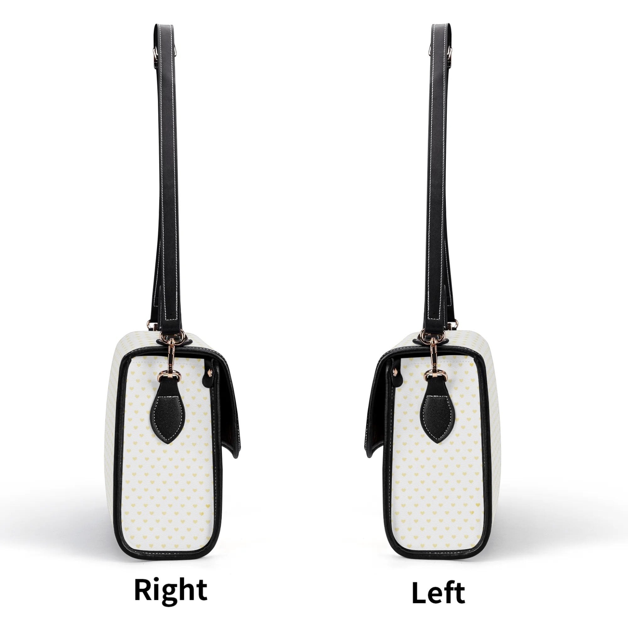 Personalized PU leather satchel purse with yellow hearts design, black trim, adjustable strap, shown right and left.