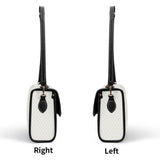 Personalized PU leather satchel purse with yellow hearts design, black trim, adjustable strap, shown right and left.