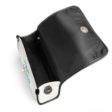 Personalized PU leather satchel bag, open to show interior, with 'YOUR DESIGN' text, black trim, and crossbody strap.