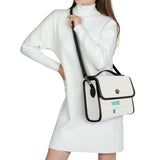 Personalized PU leather satchel crossbody bag with custom design, black trim and white body, HERE text.