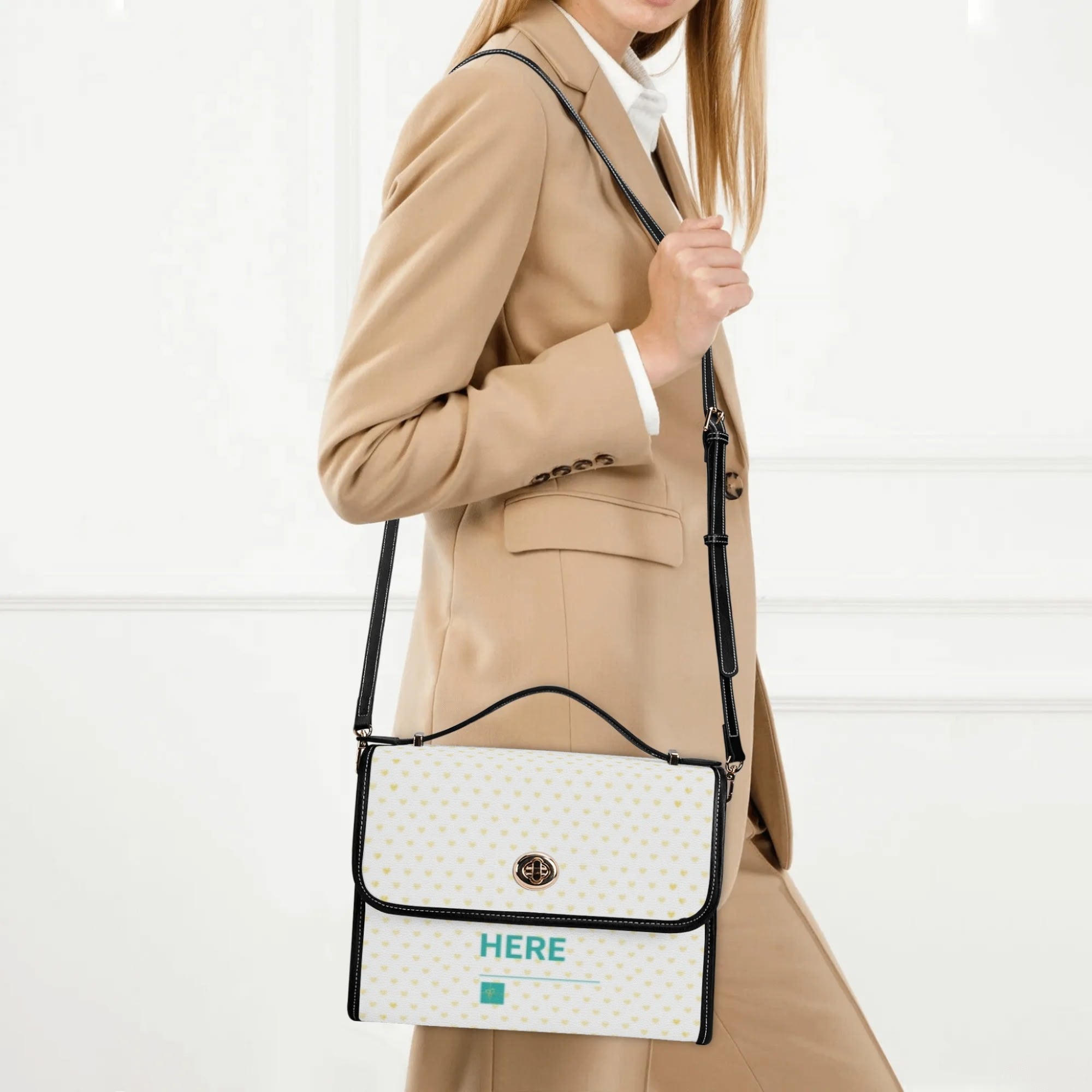 Personalized PU leather satchel bag with yellow hearts and black trim, 'HERE' design, for women