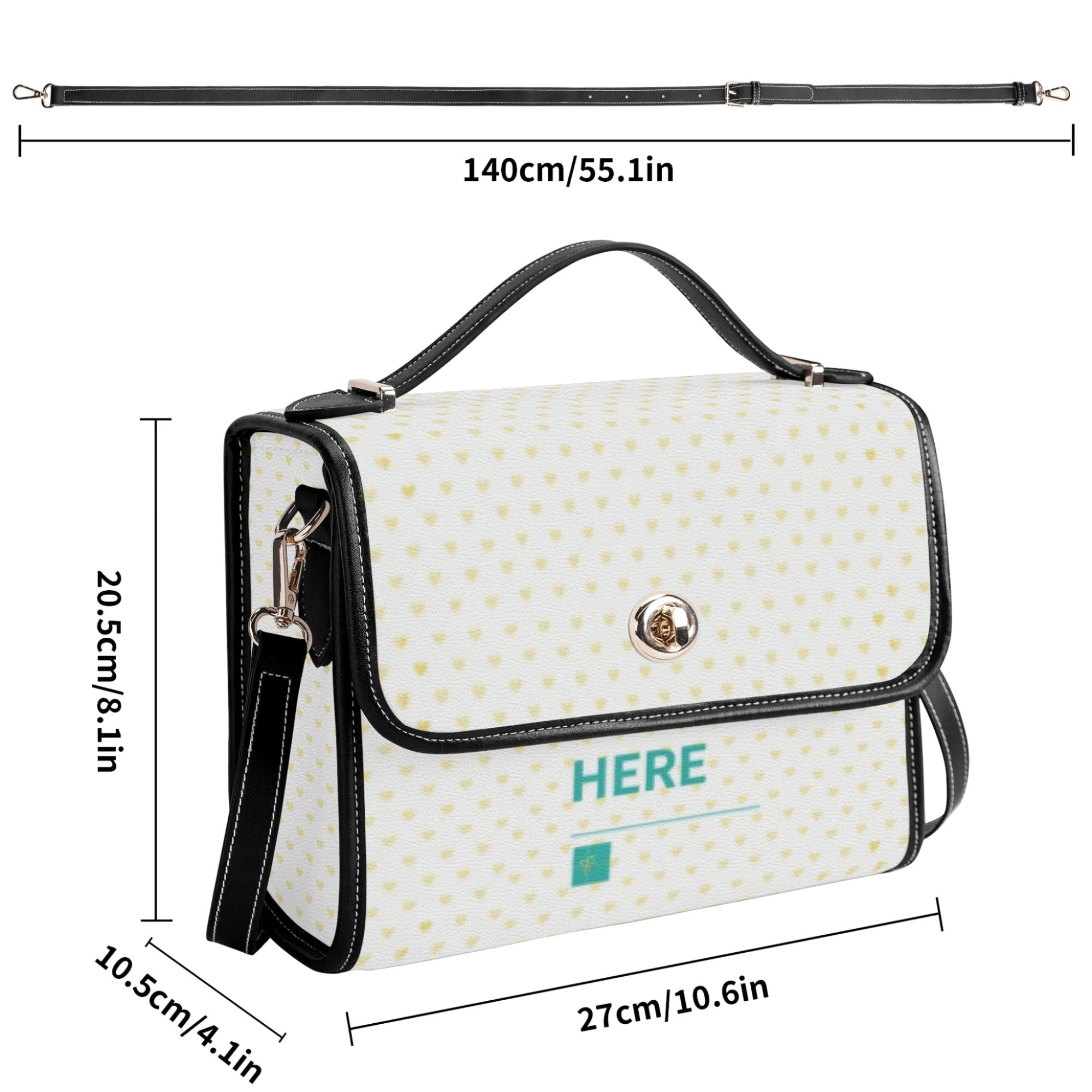 Personalized PU leather satchel bag with yellow hearts, black trim, and 'HERE' design. Adjustable crossbody strap included.