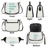 Customizable PU leather saddle bag with white heart pattern and black accents, featuring "YOUR DESIGN HERE" option.