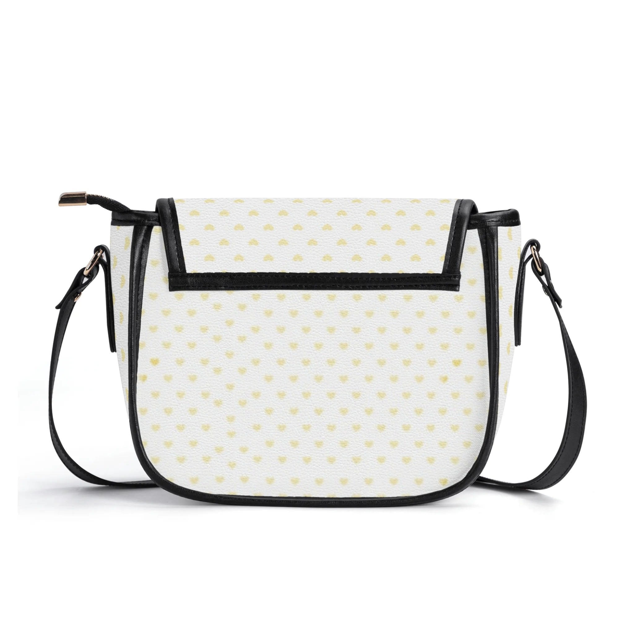 White PU leather crossbody purse with yellow heart pattern and black accents, ideal ladies saddle bag.