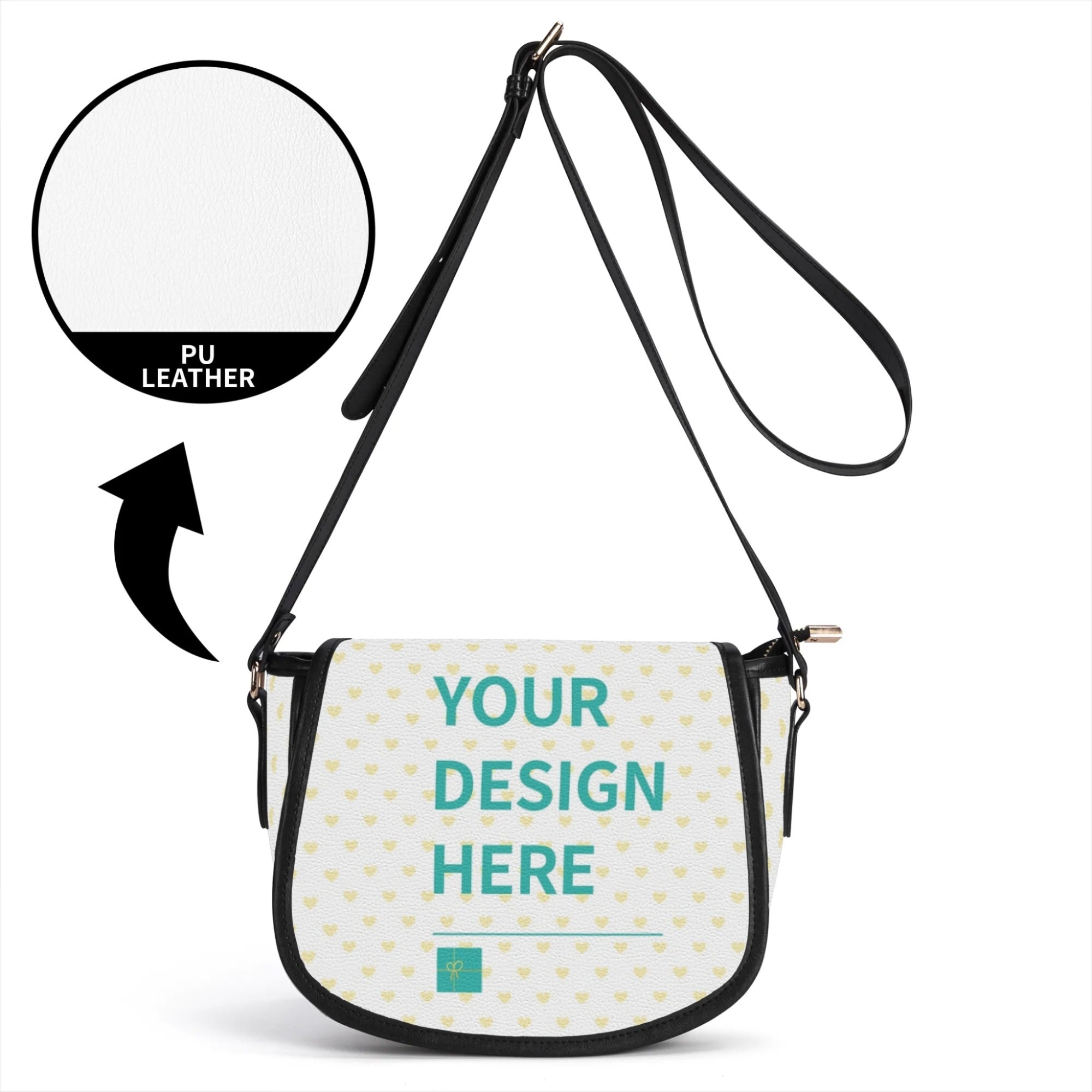 Customizable PU leather crossbody purse. 'YOUR DESIGN HERE' on white heart pattern. Black strap & accents.