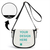 Customizable PU leather crossbody purse. 'YOUR DESIGN HERE' on white heart pattern. Black strap & accents.