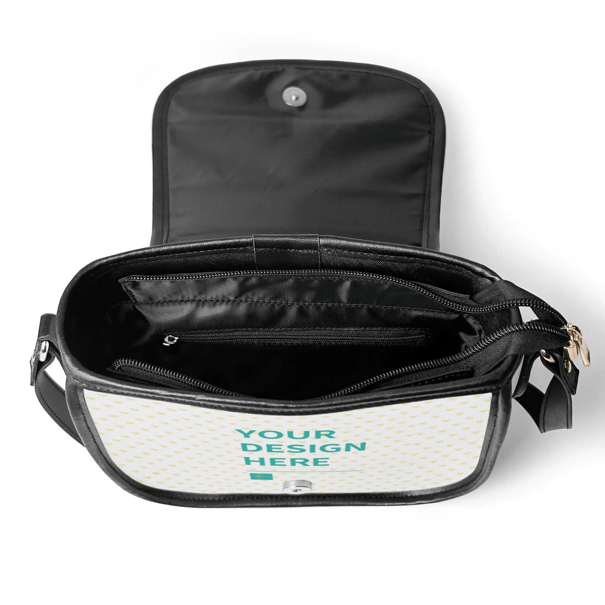 Customizable PU leather saddle bag open, showing interior, with 'YOUR DESIGN HERE' design. Black bag for women.