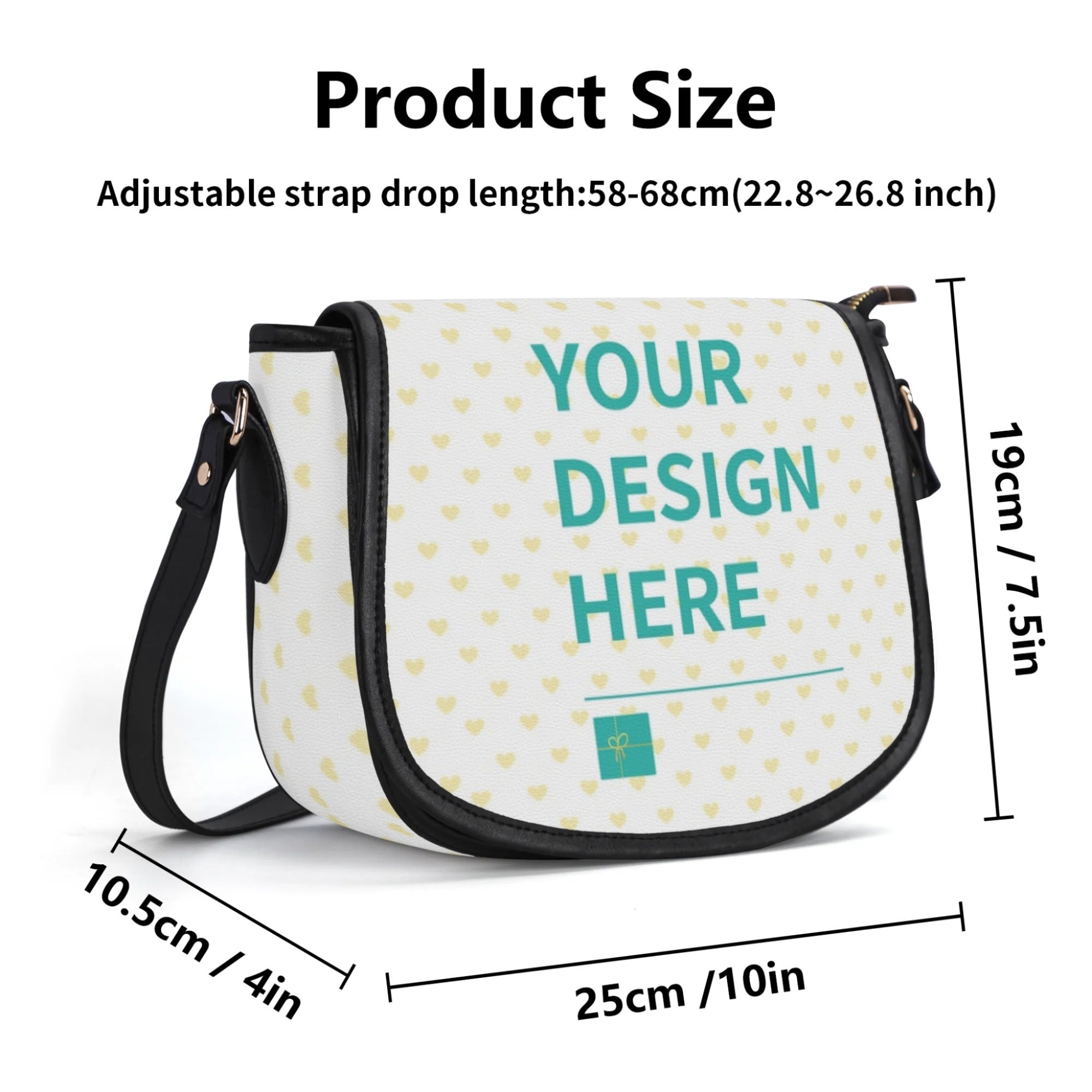 Customizable PU leather crossbody purse, size guide, with 'YOUR DESIGN HERE' design and adjustable strap.