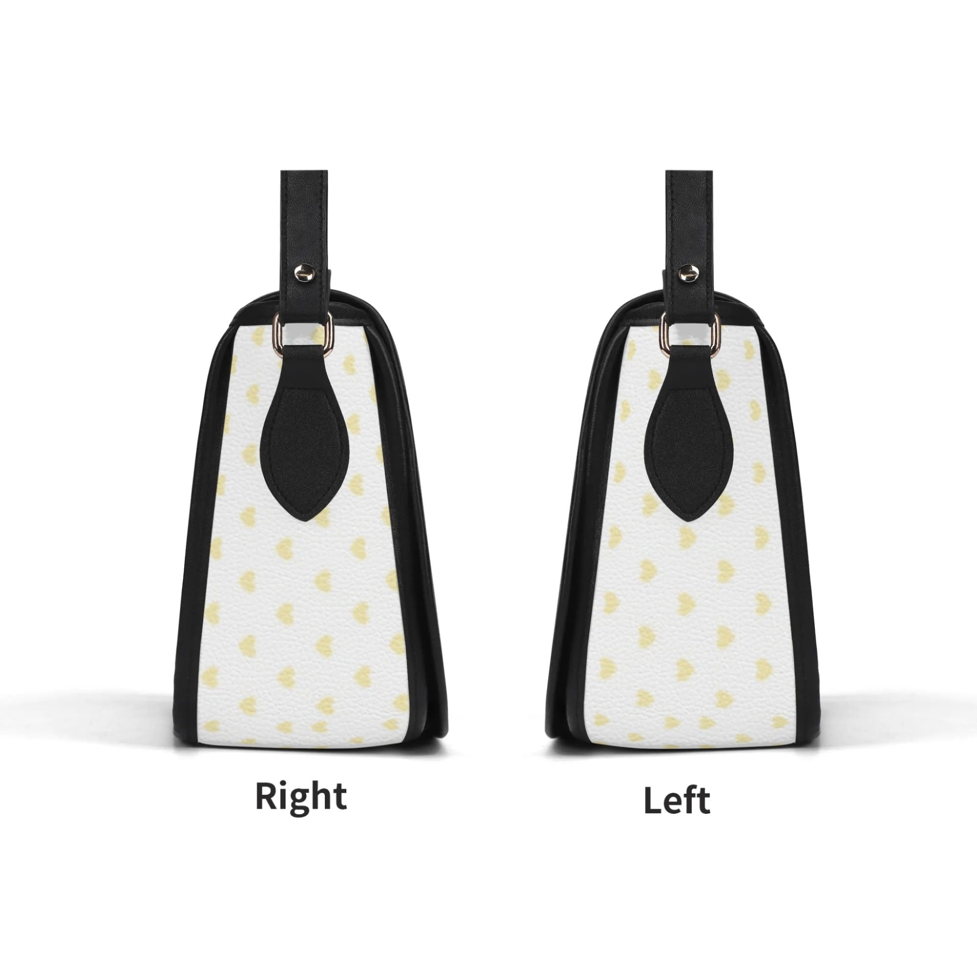 PU leather crossbody purse with yellow heart pattern, black accents, Right & Left views