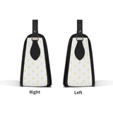 PU leather crossbody purse with yellow heart pattern, black accents, Right & Left views