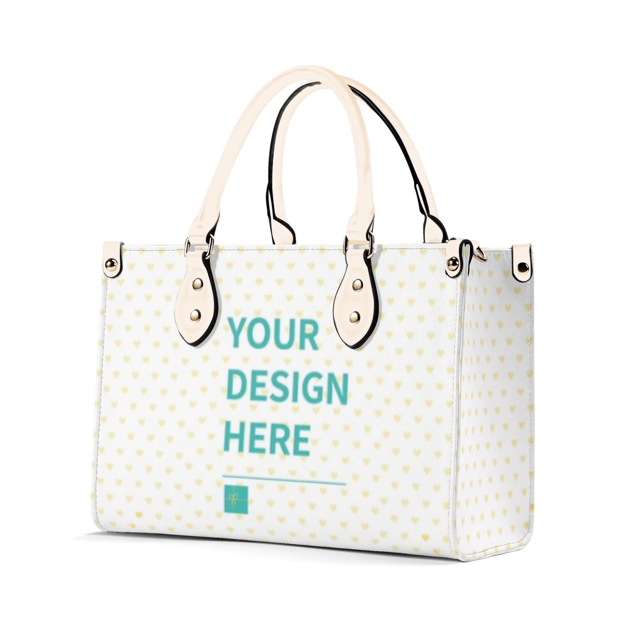 Personalized PU leather handbag with custom text, heart pattern, black handles - work bag