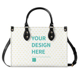 Customizable PU leather handbag with heart pattern, black handles, and text "YOUR DESIGN HERE" - work bag
