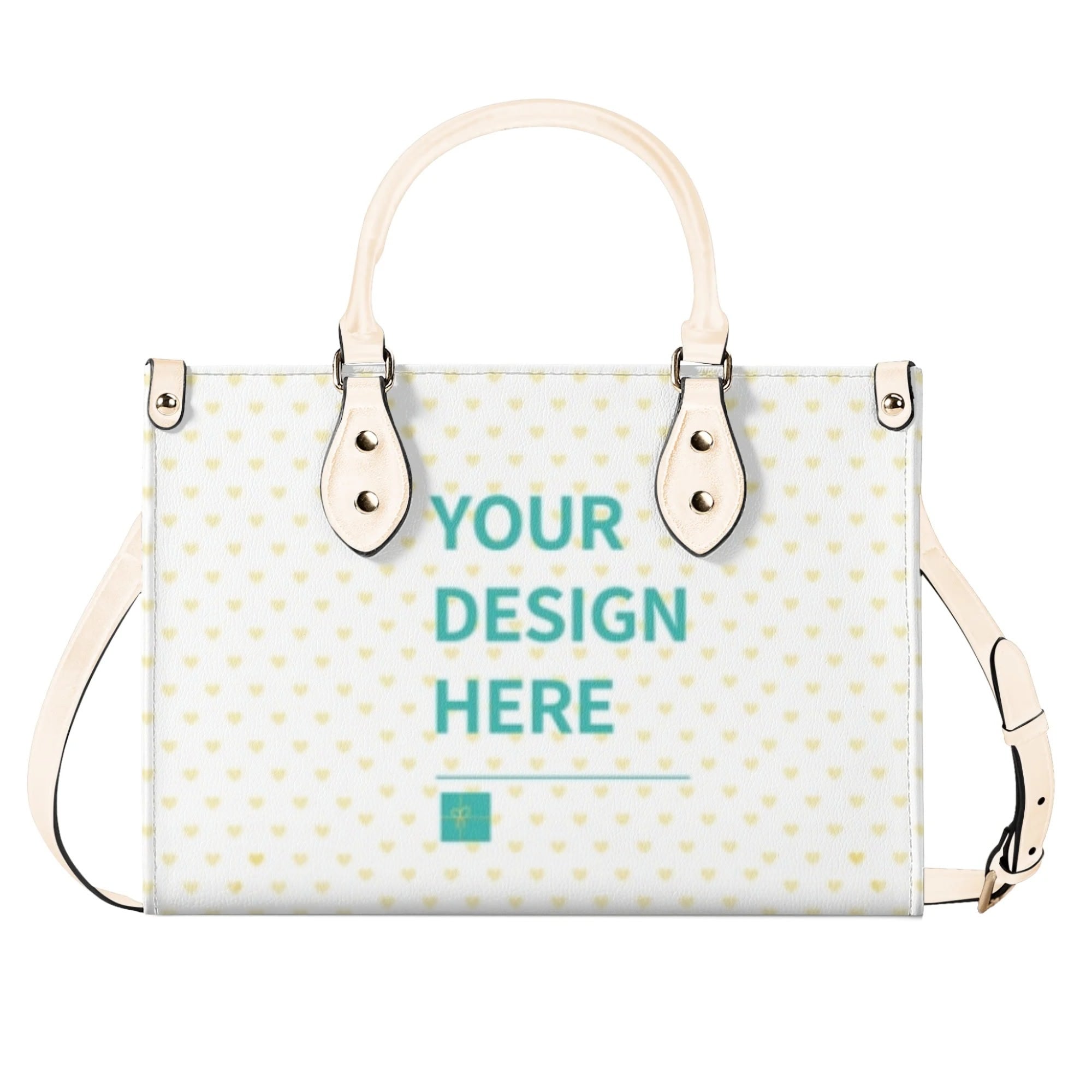 Customizable PU leather work bag with heart pattern and 'YOUR DESIGN HERE' text