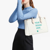 Customizable PU leather work bag with text YOUR DESIGN HERE, white with yellow hearts, handles and adjustable strap, work bag