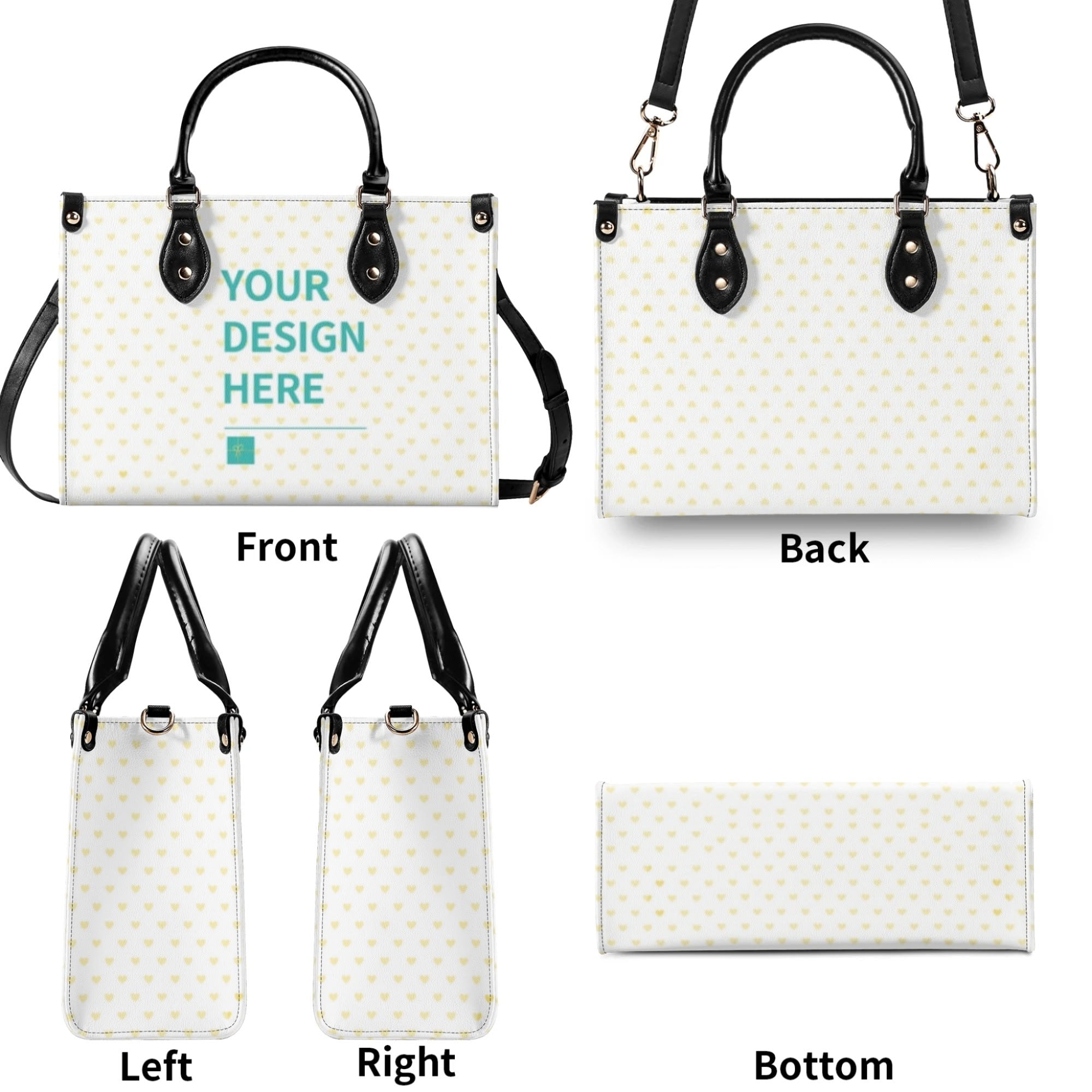 Customizable PU leather handbag with heart pattern, black handles, and text "YOUR DESIGN HERE" - work bag